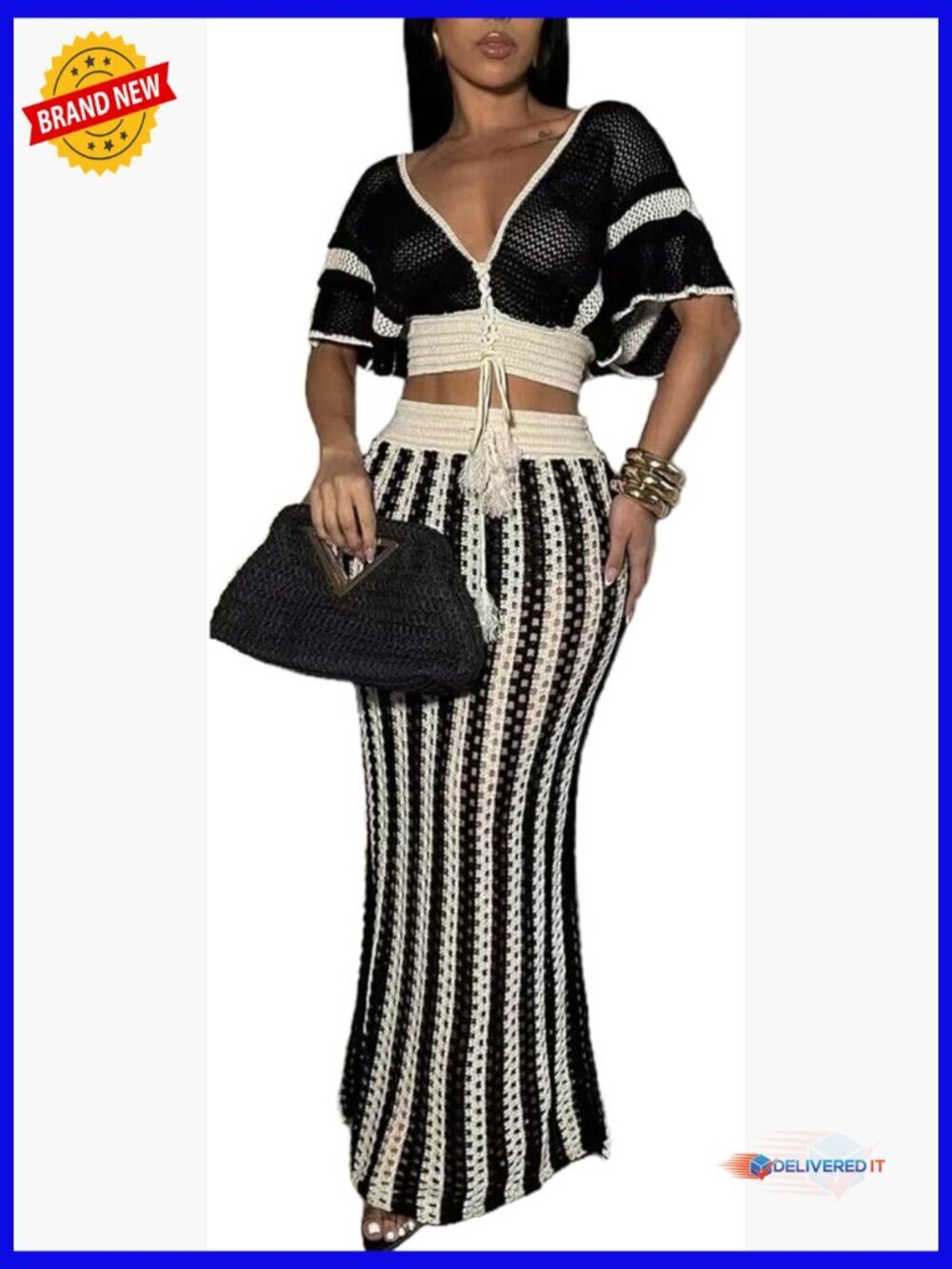Knit 2 Piece Outfit Short Sleeve Hollow Out Top Striped Maxi Skirt Set